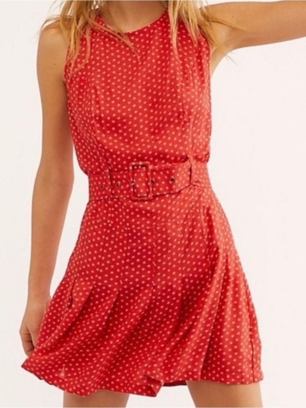 Free People Red Polka Dot Belted Sleeveless Dress Size Small